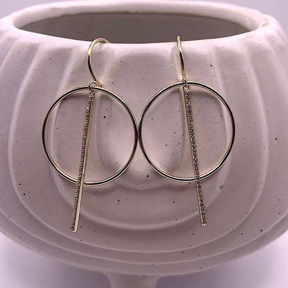 Gold Hoop Earrings With Cubic Zirconia Bar Accent - Picture 3 of 5